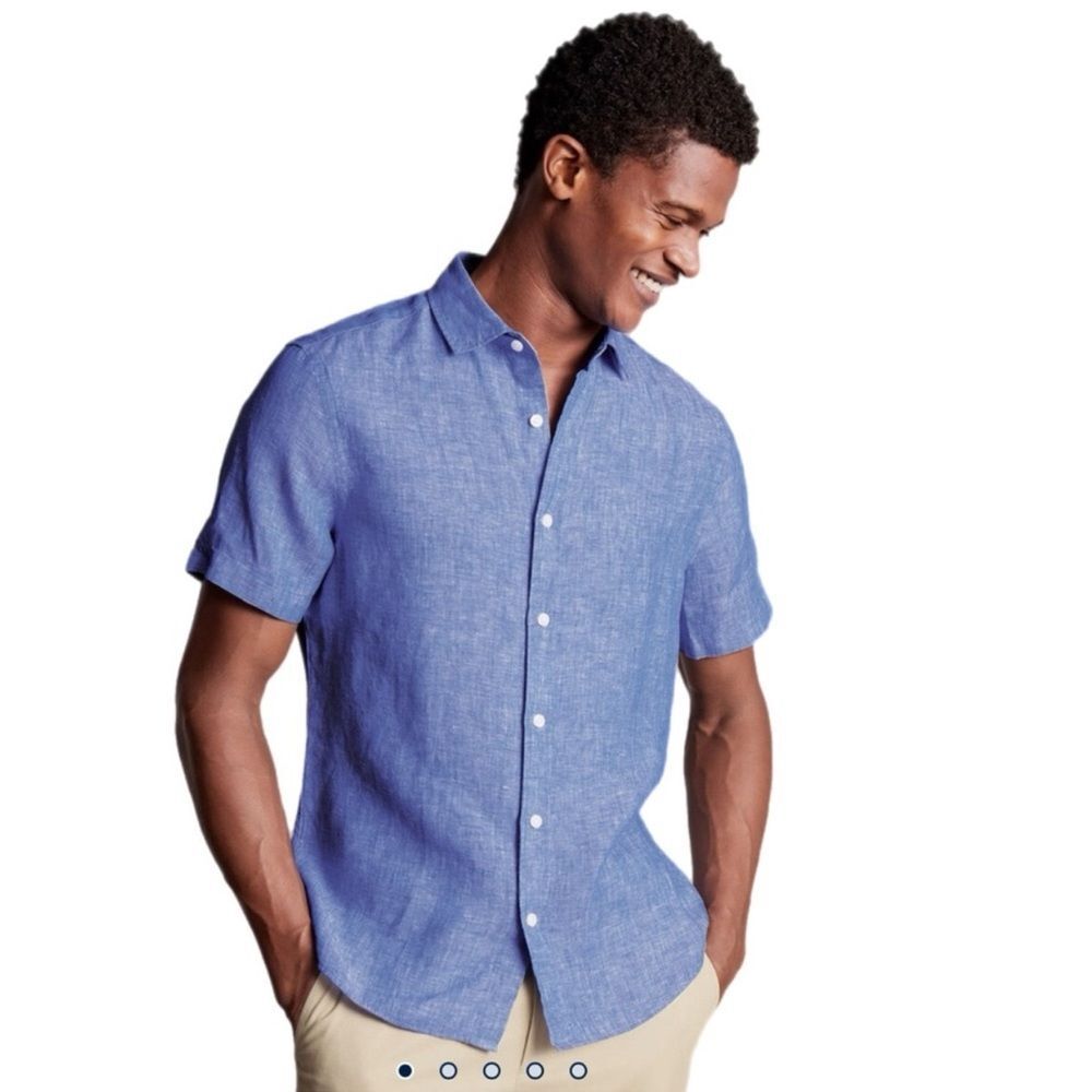 Lands' End Men's 100% Linen Short-Sleeve Button-Down Chambray Blue XL Camp Shirt